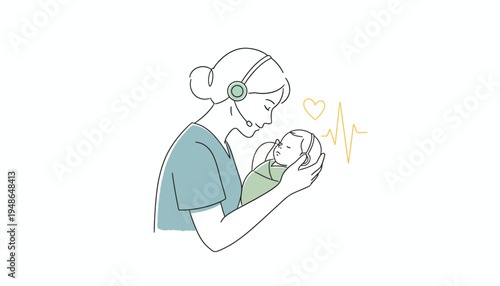 Healthcare Support Nurse Holding Newborn Baby with Heartbeat Monitor Icon