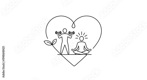 Healthy Lifestyle: Fitness and Meditation Inside Heart Shape, Symbolizing Well-being