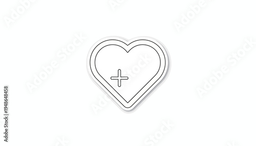 Heart Icon with Plus Symbol Outline, Love Health Care Concept, Medical Symbol