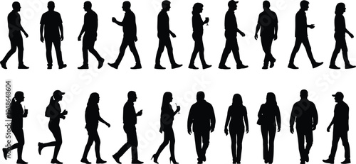 Collection of walking people silhouettes, men and women pedestrian set, side view human figures, crowd movement, isolated black silhouette characters