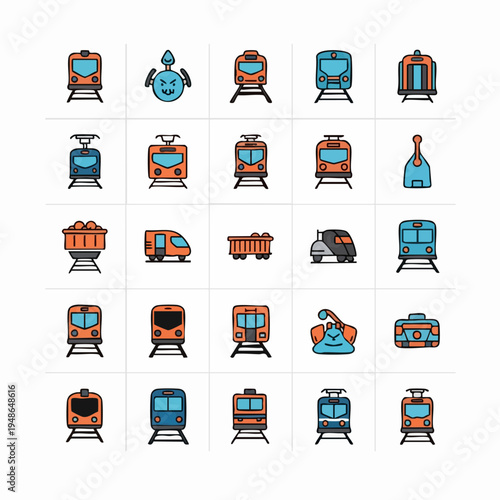 Colorful icons of various train cars and locomotives on white background