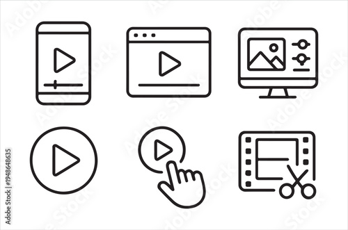 Line art icons depicting various video play and editing controls
