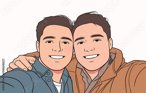 Two young men take a selfie together in a friendly moment while smiling and posing for the camera