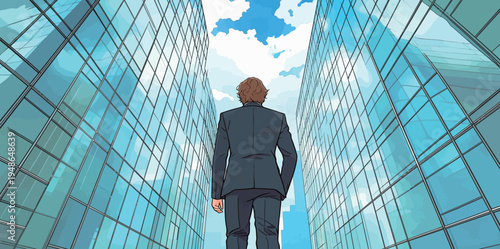 Businessman walks towards skyscrapers under blue sky in urban setting during daytime