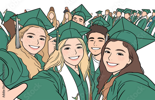 Graduation ceremony celebration with classmates in green caps and gowns at a school event