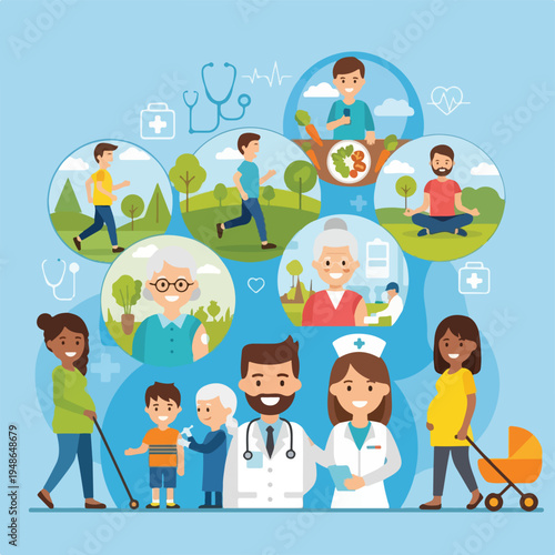 Colorful illustration with people, doctors, nurses, and symbols of health