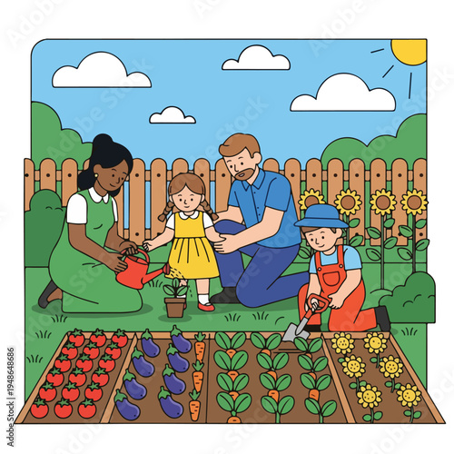 Family gardening parents and children working together in the garden