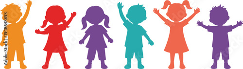 Colorful children silhouettes group happy kids raising hands friendship diversity childhood concept vector illustration isolated