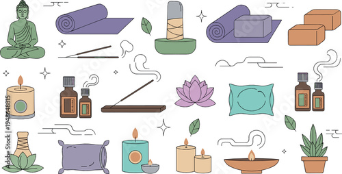 Spa Wellness and Meditation Vector Collection with Candles Incense Buddha Towels Essential Oils Relaxation Self Care Illustration Set