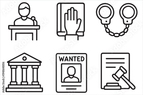 Legal system icons depicting courtroom wanted posters and restraints