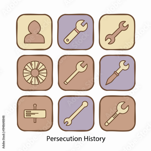 Set of nine square icons depicting various tools and a person on a white background with a persecution history theme.
