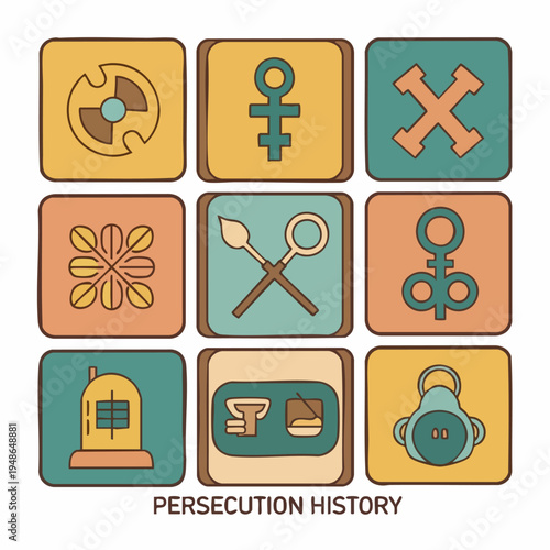 Colorful icons representing persecution history on white background
