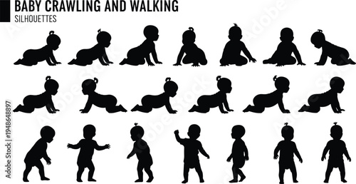 Baby crawling and walking silhouettes collection infant toddler stages of movement sitting crawling standing and walking poses isolated illustration set