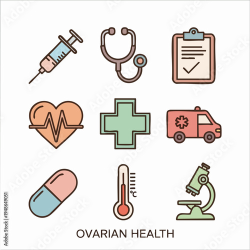 Medical icons for ovarian health, including syringe, stethoscope, and clipboard on white background