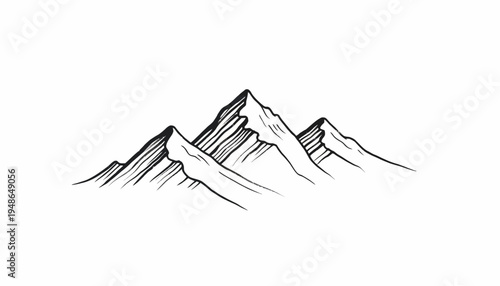 Hand Drawn Mountain Range Sketch, Minimalist Black and White Peaks Illustration