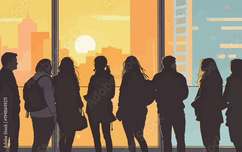 People watching sunset from a high building in the city during evening hours