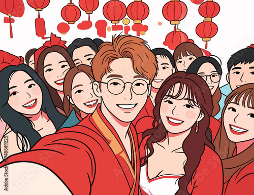 Group of people celebrate festival with lanterns in background during daytime