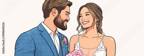 Couple in wedding attire smiling at each other while holding a bouquet during their wedding ceremony