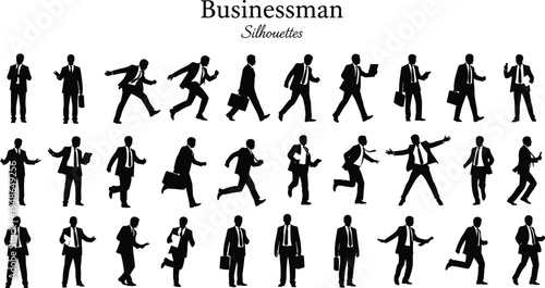 Businessman silhouettes collection professional business people walking running and standing with briefcase corporate worker poses isolated illustration set for business and office design