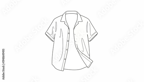 Fashion sketch of a short-sleeved open collar shirt, line art, isolated on white background