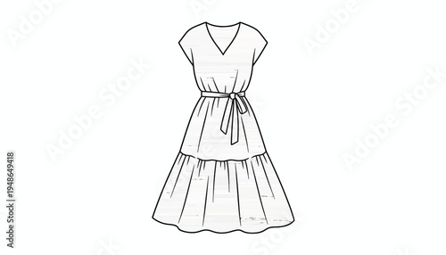 Fashion sketch of a tiered midi dress with V-neck and tie waist
