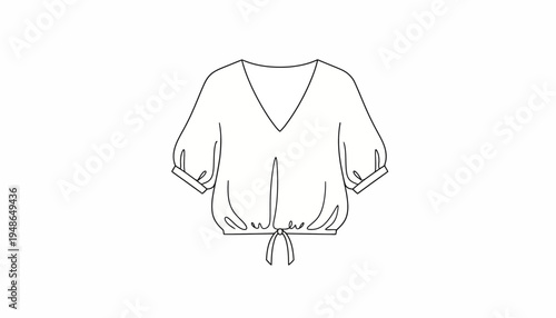 Fashion sketch of a women's V-neck crop top with drawstring hem and puff sleeves