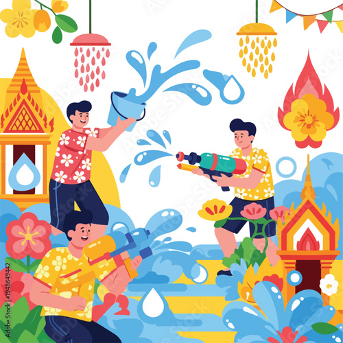 Colorful illustration of people playing with water guns and water