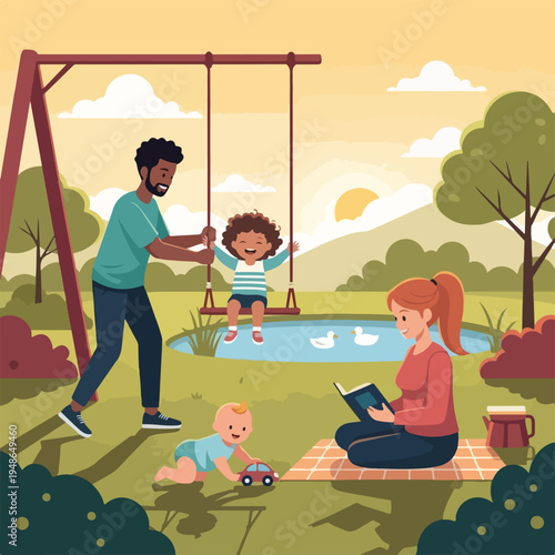 Family in a park dad pushes child on swing, mom reads, baby plays