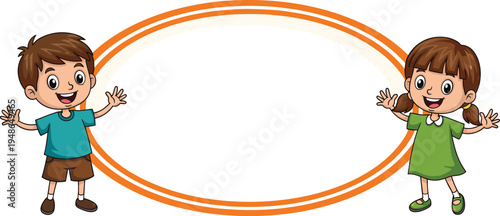 Cute cartoon boy and girl with blank oval frame banner, happy children characters, kids template background for education design