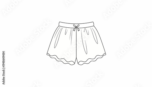 Fashion sketch of casual shorts with drawstring and scalloped hem, isolated on white background