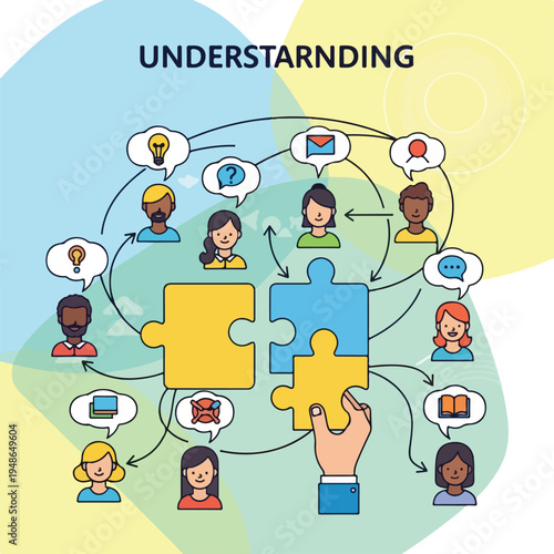 Colorful illustration with people, speech bubbles, puzzle pieces, and a hand