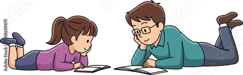 Cute cartoon children reading books together lying on floor learning education study friendship knowledge school kids illustration for library learning concept