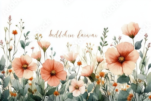 soft watercolor bouquet of peach and orange wildflowers with green foliage and delicate hand-lettered script, serene and airy mood