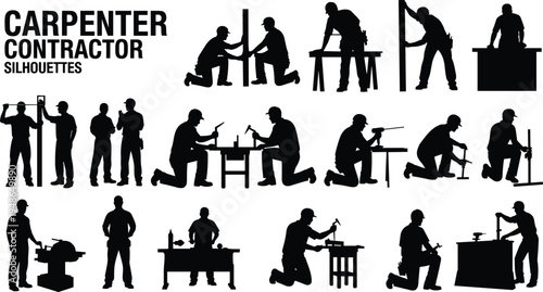 Carpenter contractor silhouettes set construction workers using tools woodworking professionals drilling cutting measuring and building furniture isolated illustration collection for construction 