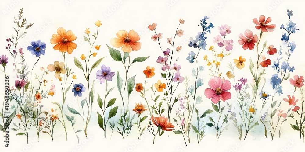 Obraz premium Watercolor wildflowers in orange, pink, purple, and blue bloom across a pale background with green stems and delicate leaves, evoking a soft, tranquil mood.