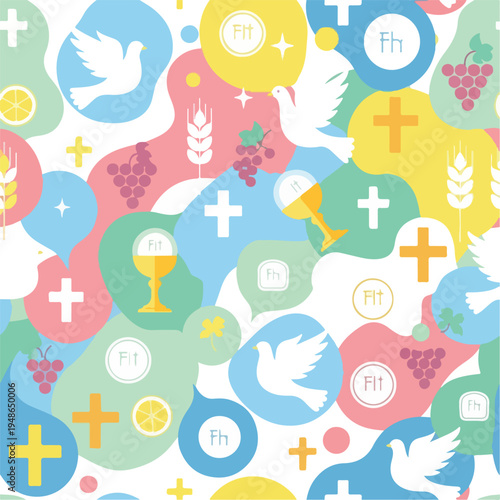 Colorful, repeating pattern with religious symbols including doves and crosses