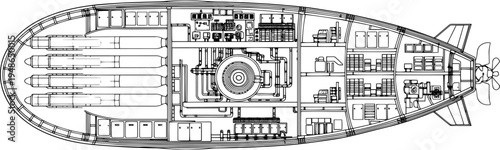 Nuclear Submarine Cutaway Technical Vector Illustration, Detailed Submarine Internal Structure Diagram Showing Reactor Compartment, Torpedo Room, Crew Living Area, Military Naval Engineering Blueprint