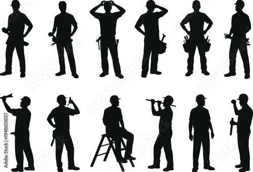 Construction worker silhouette collection with tools and working poses, builders holding hammer and equipment, professional labor workforce concept, isolated vector illustration set