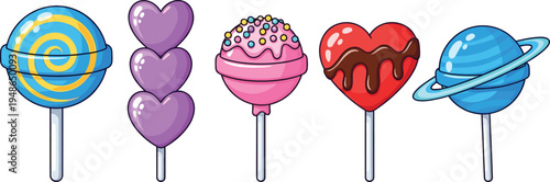 Cute colorful lollipop candies set, sweet dessert cartoon collection with heart chocolate sprinkle candy for kids party design