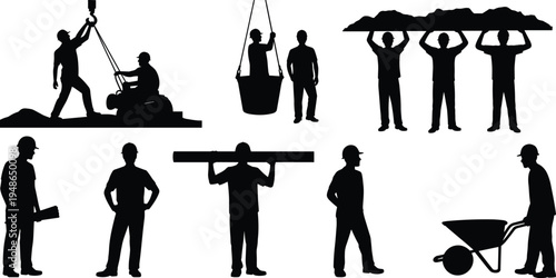 Construction worker silhouettes carrying materials with crane hook bucket and wheelbarrow, builders teamwork and manual labor concept, isolated black vector illustration