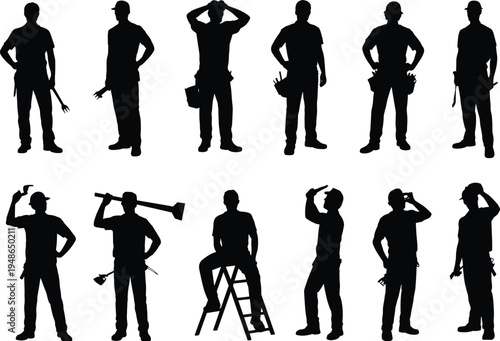 Construction worker silhouettes collection with tools and ladder poses, builders holding hammer and equipment, professional labor workforce concept, isolated vector illustration set