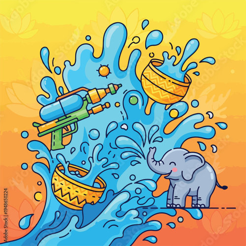 Colorful illustration of splashing water, an elephant, and playful water guns