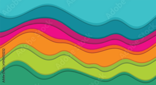 Colorful, layered, wavy abstract design in shades of blue, pink, and green