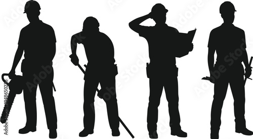 Construction worker silhouettes with chainsaw digging shovel and blueprint, builders and manual labor professionals, industrial workforce concept, isolated black vector illustration setConstruction