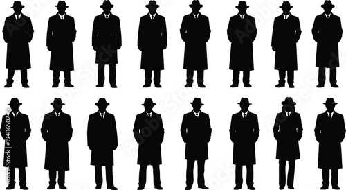 Detective or gangster silhouettes collection men wearing trench coats and hats standing poses vintage crime character figures isolated illustration set