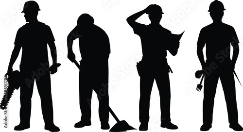 Construction worker silhouettes with chainsaw shovel and tools, builders and manual labor professionals, industrial workforce concept, isolated black vector illustration set