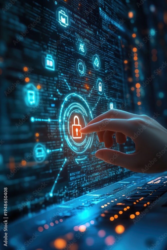 Obraz premium Hand touching glowing digital padlock on holographic cybersecurity interface above laptop keyboard, conveying focused protection and secure access