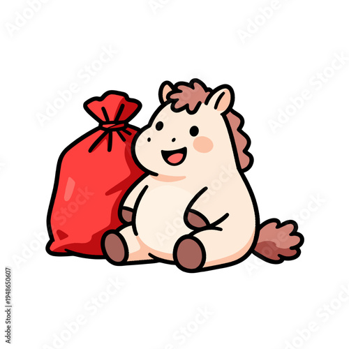 [Vector EPS]Cute cartoon horse sitting next to a red bag