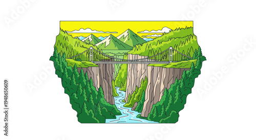 Pixelated Mountain Landscape with Bridge Over Canyon and River