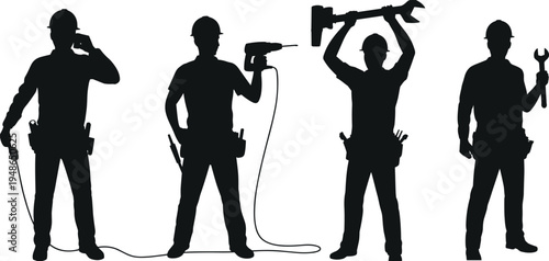 Construction worker silhouettes with tools set, builders using drill hammer and wrench, manual labor professionals, industrial workforce concept, isolated vector illustration